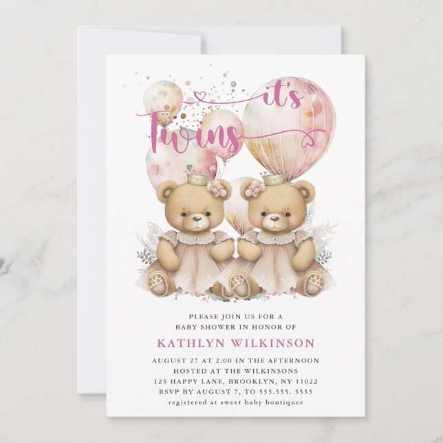 IT’S TWINS Pink Balloons Teddy Bears Baby Shower Invitation (Front)