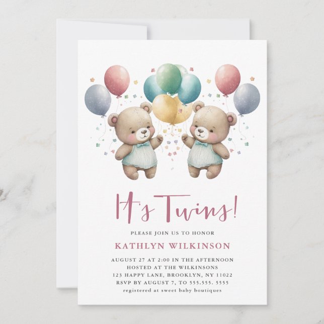 IT’S TWINS Pink Balloons Teddy Bears Baby Shower Invitation (Front)