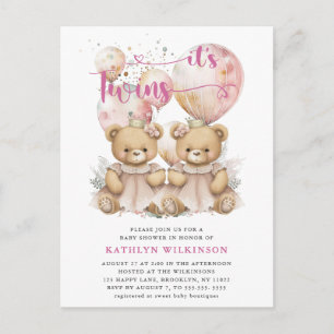 IT’S TWINS Pink Balloons Teddy Bears Baby Shower Invitation Postcard
