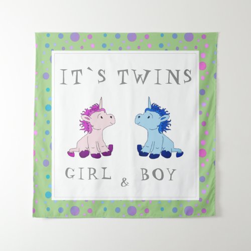 Its Twins Unicorn Pink and Blue Baby Shower Tapestry