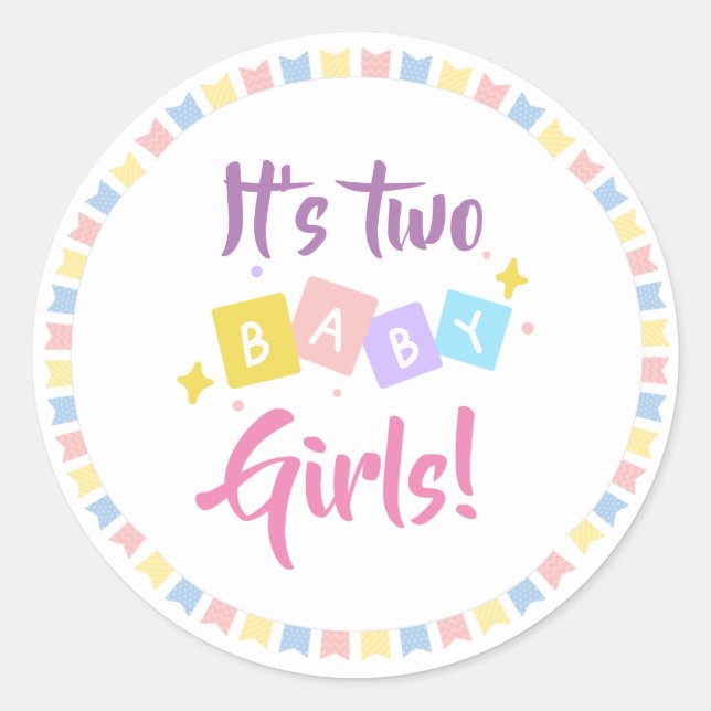 It’s Two Baby Girls Pink Party Birth Announcement  Classic Round Sticker (Front)