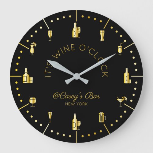 Its Wine OClock Elegant Gold Black Monogram Large Clock