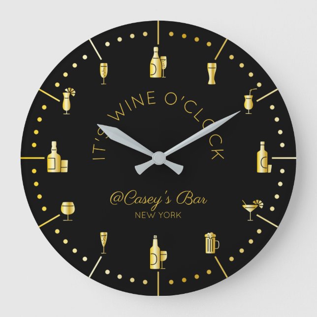 It’s Wine O’Clock Elegant Gold Black Monogram Large Clock (Front)