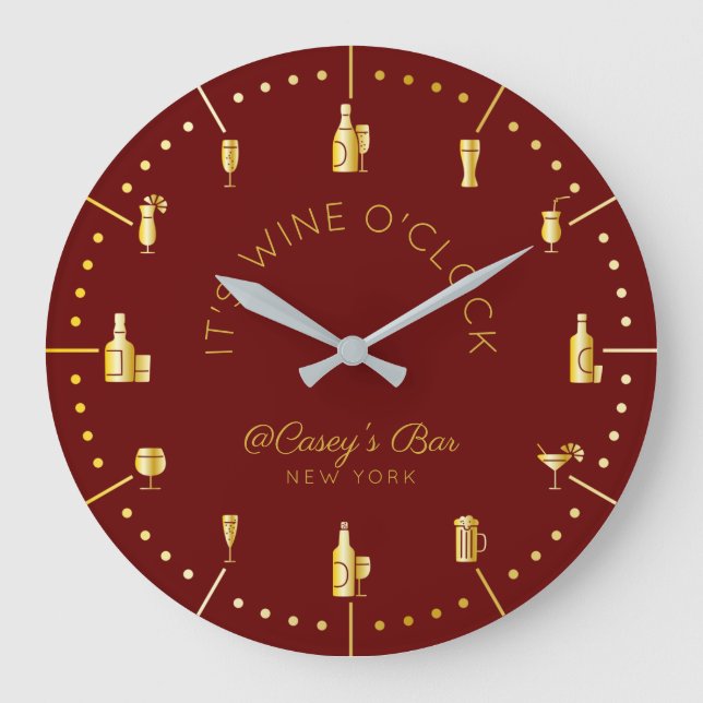 It’s Wine O’Clock Elegant Gold Burgundy Monogram Large Clock (Front)