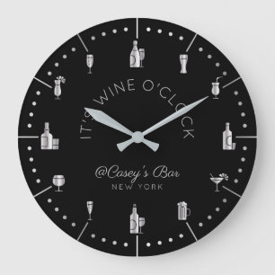 It’s Wine O’Clock Elegant Silver Black Monogra Large Clock
