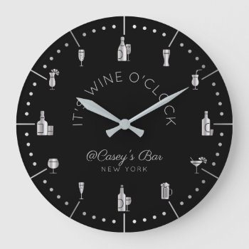 It’s Wine O’clock Elegant Silver Black Monogram Large Clock by BCMonogramMe at Zazzle