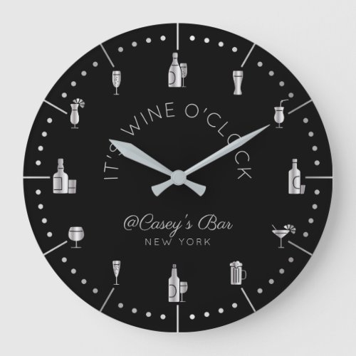 Itâs Wine OâClock Elegant Silver Black Monogram Large Clock