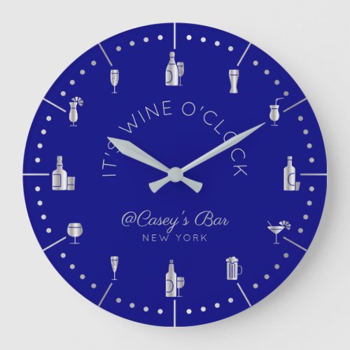 Itâs Wine OâClock Elegant Silver Navy Monogrammed Large Clock