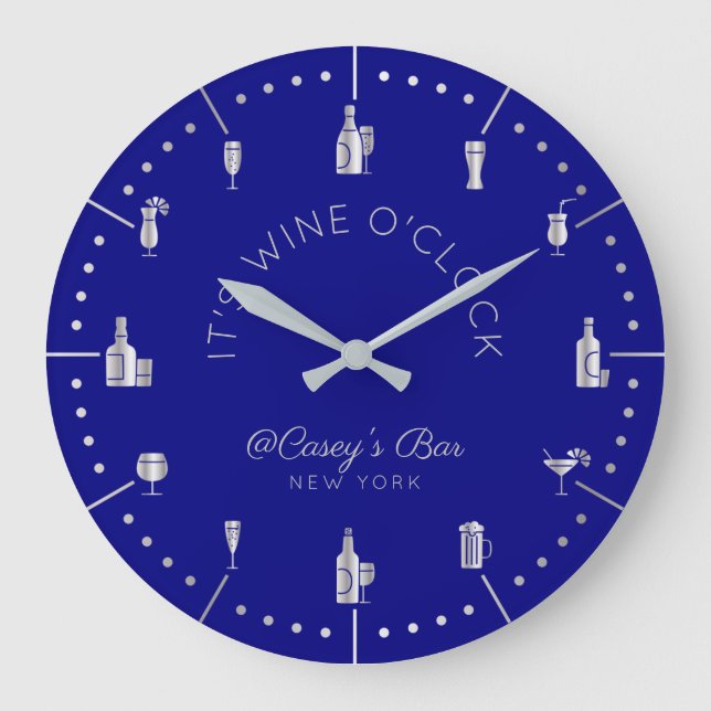 It’s Wine O’Clock Elegant Silver Navy Monogrammed Large Clock (Front)