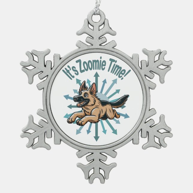It’s Zoomie Time German Shepherd Snowflake Pewter Christmas Ornament (Front)