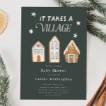 It Takes a Village Boy Baby Shower Invitation<br><div class="desc">Rustic and modern Christmas theme baby shower for a boy featuring hand drawn illustration of gingerbread houses with blue frostings. The text says "it takes a village."</div>