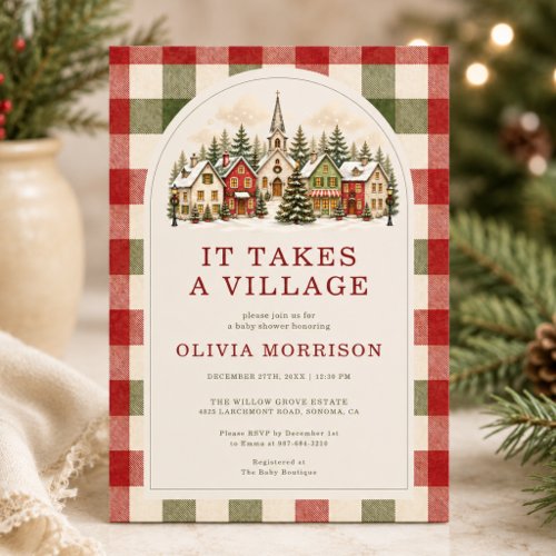 Christmas It Takes a Village Green baby shower invitation
