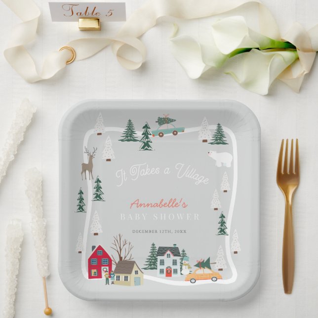 It Takes A Village Holiday Gray Baby Shower  Paper Plates (Wedding)