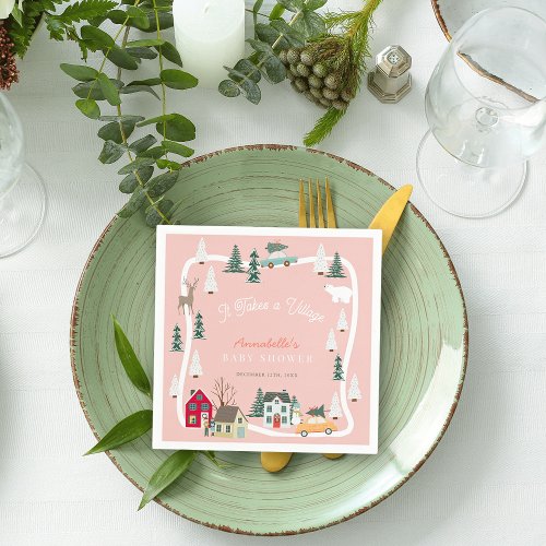 It Takes A Village Holiday Pink Baby Shower  Napkins