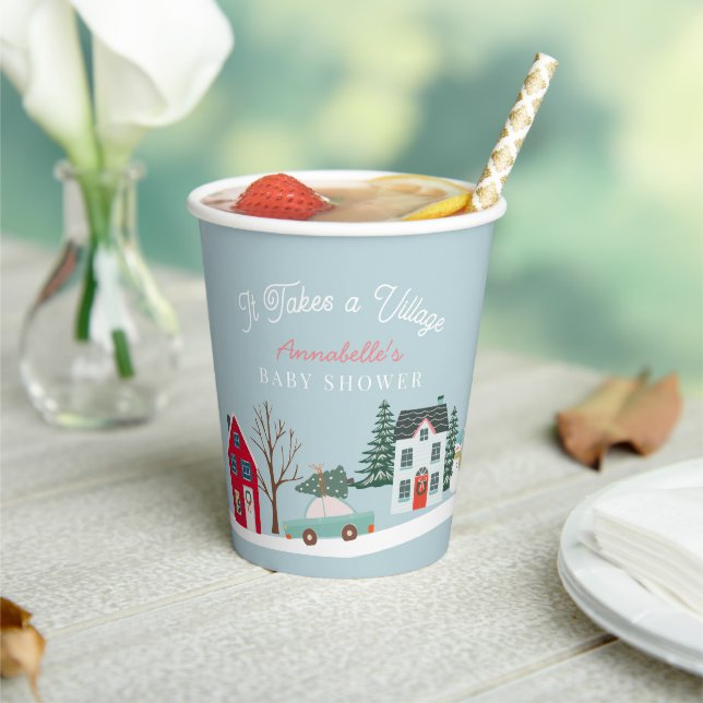 It Takes A Village Holiday Town Blue Baby Shower Paper Cups (Insitu)