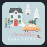 It Takes A Village Holiday Town Blue Baby Shower Square Sticker<br><div class="desc">This cute "it takes a village" Christmas holiday boy's baby shower sticker features a light blue background with a car carrying a Christmas tree,  a couple singing Christmas carol,  and snowman. Personalize it for your needs. You can find matching products at my store.</div>