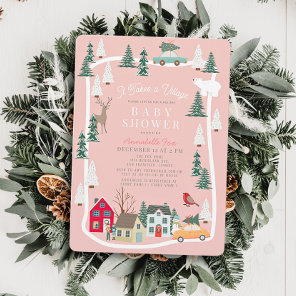 It Takes A Village Holiday Town Pink Baby Shower Invitation