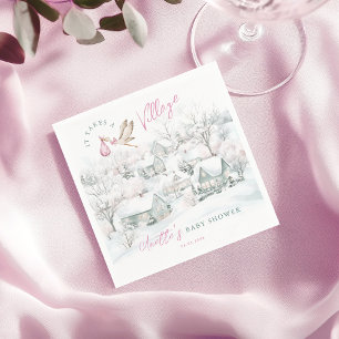 It Takes a Village Pink Girl Stork Baby Shower Napkins