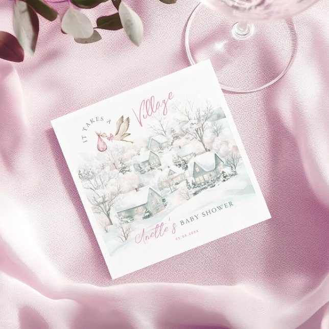 It Takes a Village Pink Girl Stork Baby Shower Napkins (Creator Uploaded)