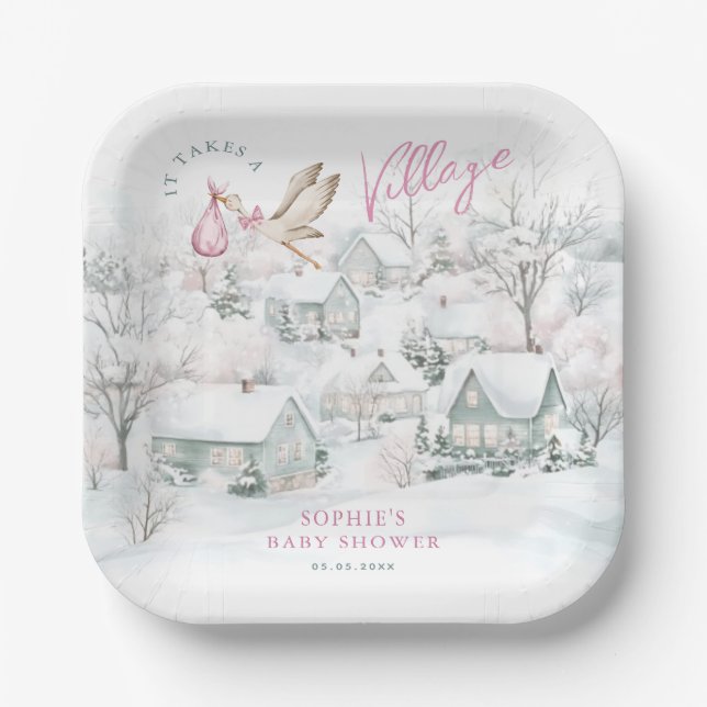 It Takes a Village Pink Girl Stork Baby Shower Paper Plates (Front)
