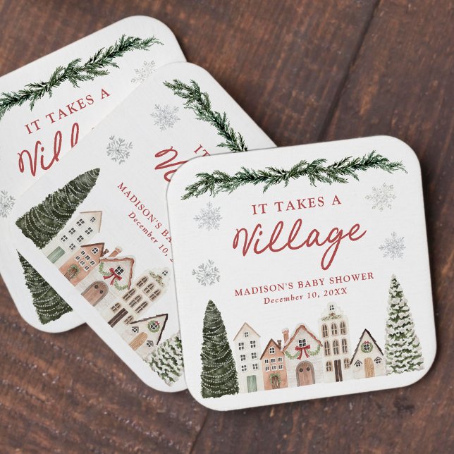 It Takes a Village Snowflake Winter Baby Shower Square Paper Coaster (Creator Uploaded)