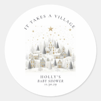 It Takes a Village Snowy Whimsical Baby Shower Classic Round Sticker