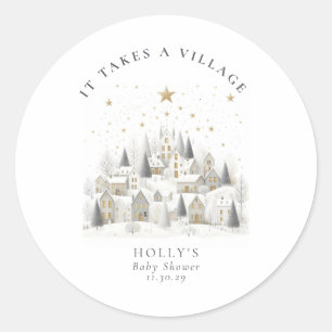 It Takes a Village Snowy Whimsical Baby Shower  Classic Round Sticker