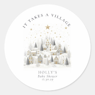 It Takes a Village Snowy Whimsical Baby Shower Classic Round Sticker