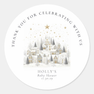 It Takes a Village Snowy Whimsical Baby Shower Classic Round Sticker