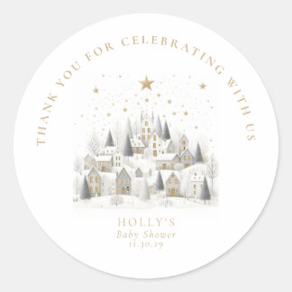 It Takes a Village Snowy Whimsical Baby Shower Classic Round Sticker