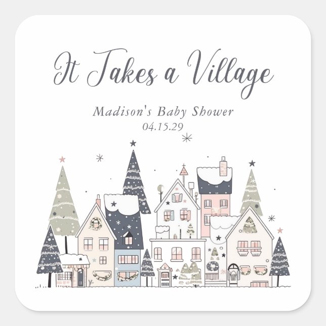 It Takes a Village Snowy Whimsical Baby Shower  Square Sticker (Front)