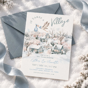 It Takes A Village Stork Winter Boy Baby Shower Invitation