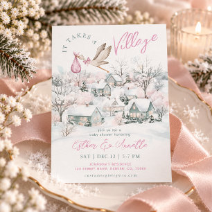 It Takes A Village Stork Winter Girl Baby Shower Invitation