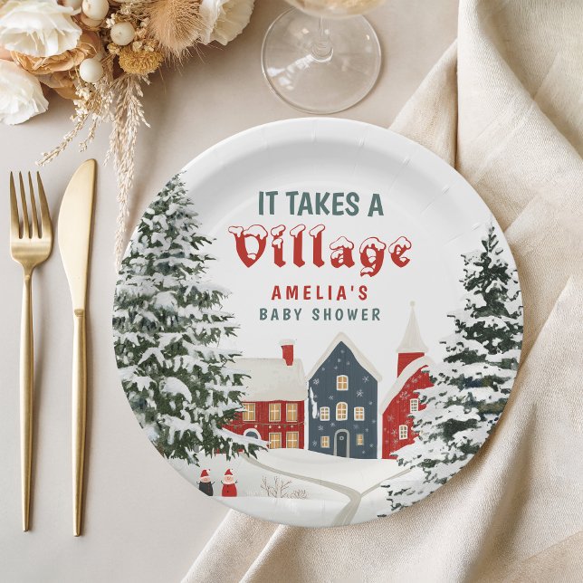 It Takes a Village Winter Baby Shower Party Paper Plates (Creator Uploaded)