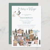 It Takes a Village Winter Baby Shower with Stork   Invitation