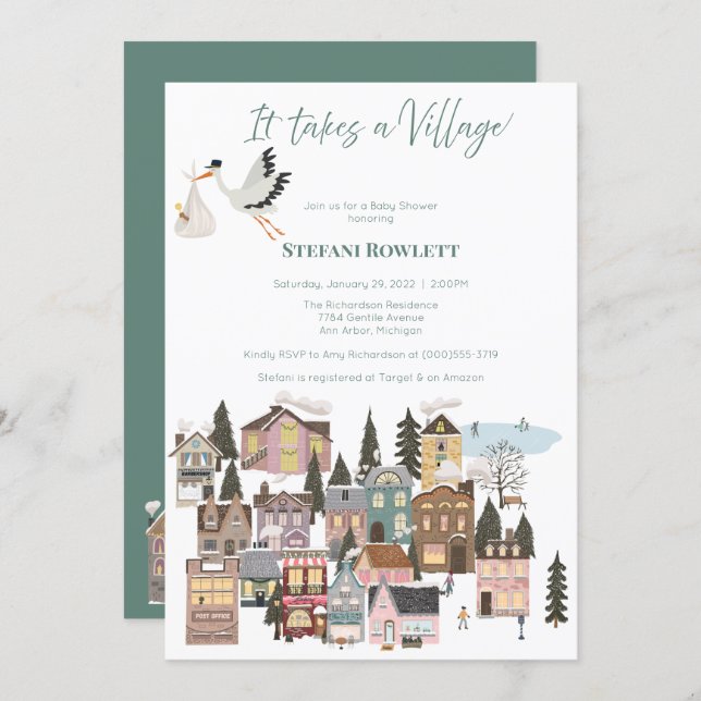 It Takes a Village Winter Baby Shower with Stork   Invitation (Front/Back)