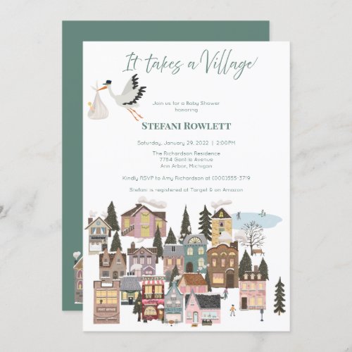 It Takes a Village Winter Baby Shower with Stork  Invitation