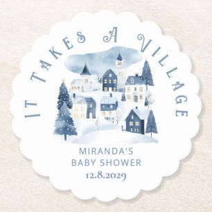 It takes a Village Winter Night Snow Baby Shower Paper Coaster