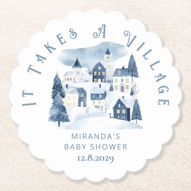 It takes a Village Winter Night Snow Baby Shower Paper Coaster (Front)