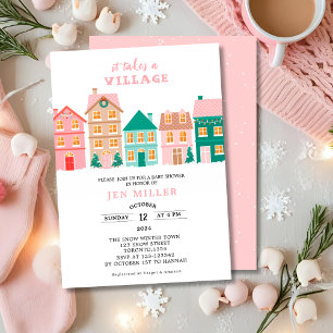 It takes a village winter pink baby shower invitation