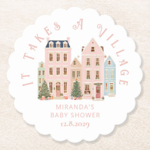 It takes a Village Winter Pink Snow Baby Shower Paper Coaster