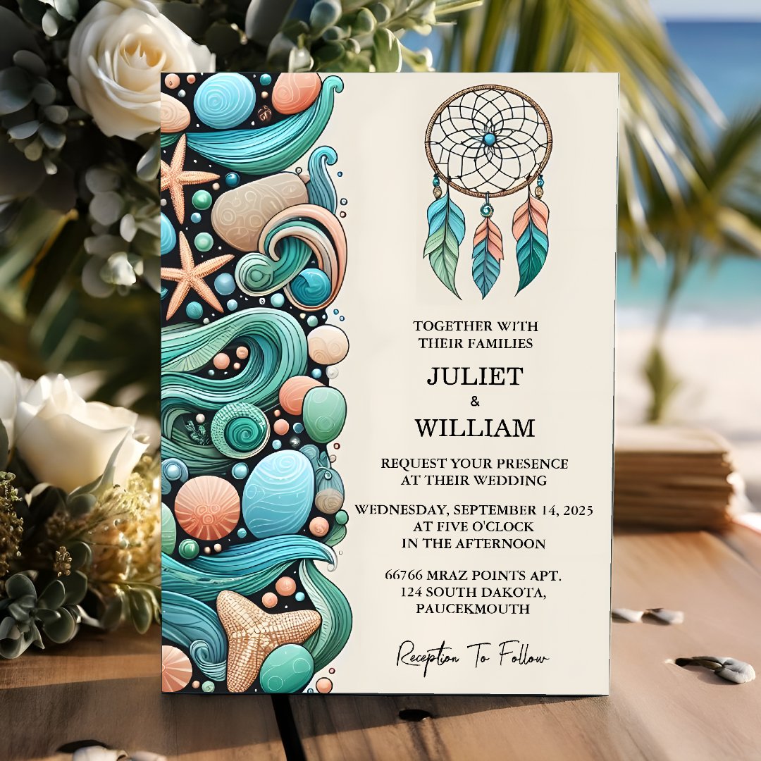 It Tribal Aqua Sand Work Stacked Sea Glass                    Wedding Invitation