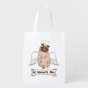 It Wasn't Me angel pug funny quote    Grocery Bag
