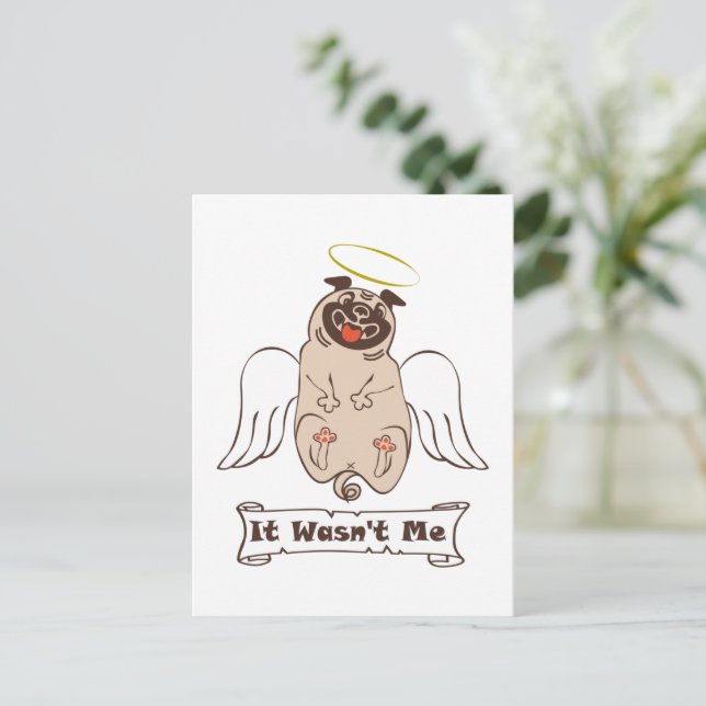 It Wasn't Me angel pug funny quote   Holiday Postcard (Standing Front)