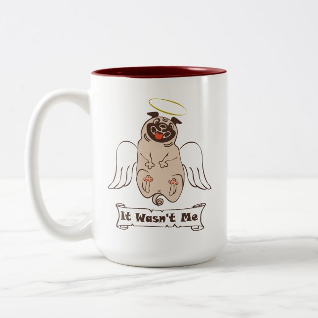 It Wasn't Me angel pug funny quote   Two-Tone Coffee Mug (Left)