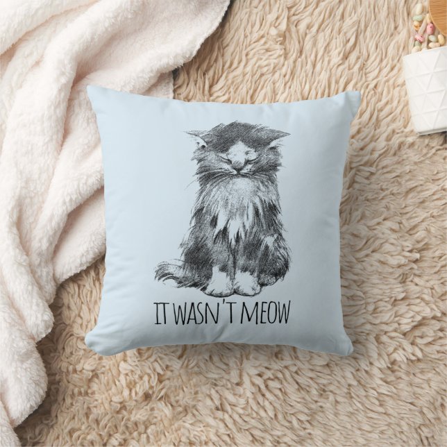 It Wasn't Meow Cute Fluffy Kitten Light Blue Throw Pillow (Blanket)