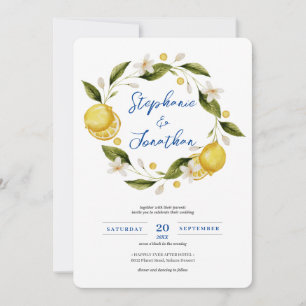 Italia Blue Watercolor Lemon Calligraphy Wedding I Invitation