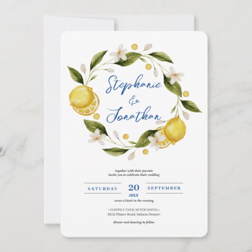 Italia Blue Watercolor Lemon Calligraphy Wedding I Invitation