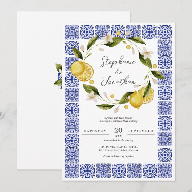 Italia Blue Watercolor Lemon Calligraphy Wedding Invitation (Front/Back)
