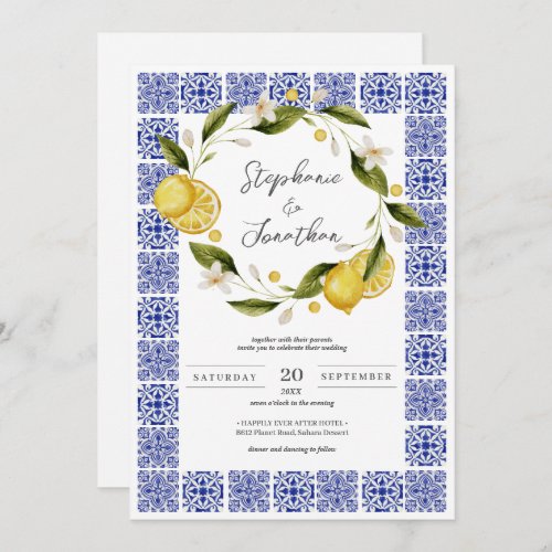 Italia Blue Watercolor Lemon Calligraphy Wedding Invitation